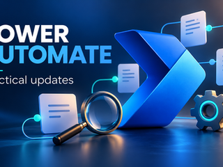 Illustrative cover showing a clipboard, flow arrows, a Microsoft 365-style window, and a magnifying glass; it represents Power Automate updates, not an application screenshot.
