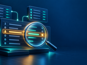 Editorial illustration of a magnifying glass highlighting a row in connected data tables, representing full-text search in a Power BI semantic model.