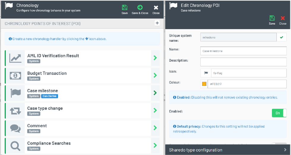 Dashboard view within the ShareDo modeller Chronology feature showing an expanded set of options for Point of Interest (POI) configuration