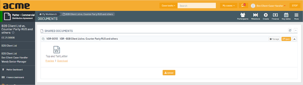 External participants perspective - Acme dashboard of shared documents