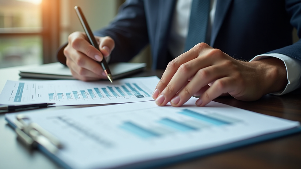 High angle view of a person reviewing financial documents