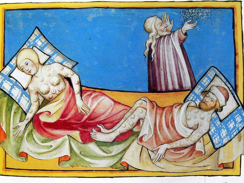 Miniature de la Bible de Toggenburg montrant des malades atteints de la peste bubonique