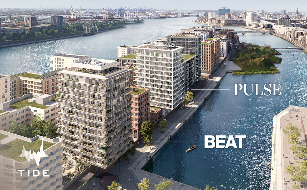 TIDE Projekt. Luftaufnahme moderner Wohngebäude am Wasser mit begrünten Dächern und Hafenblick