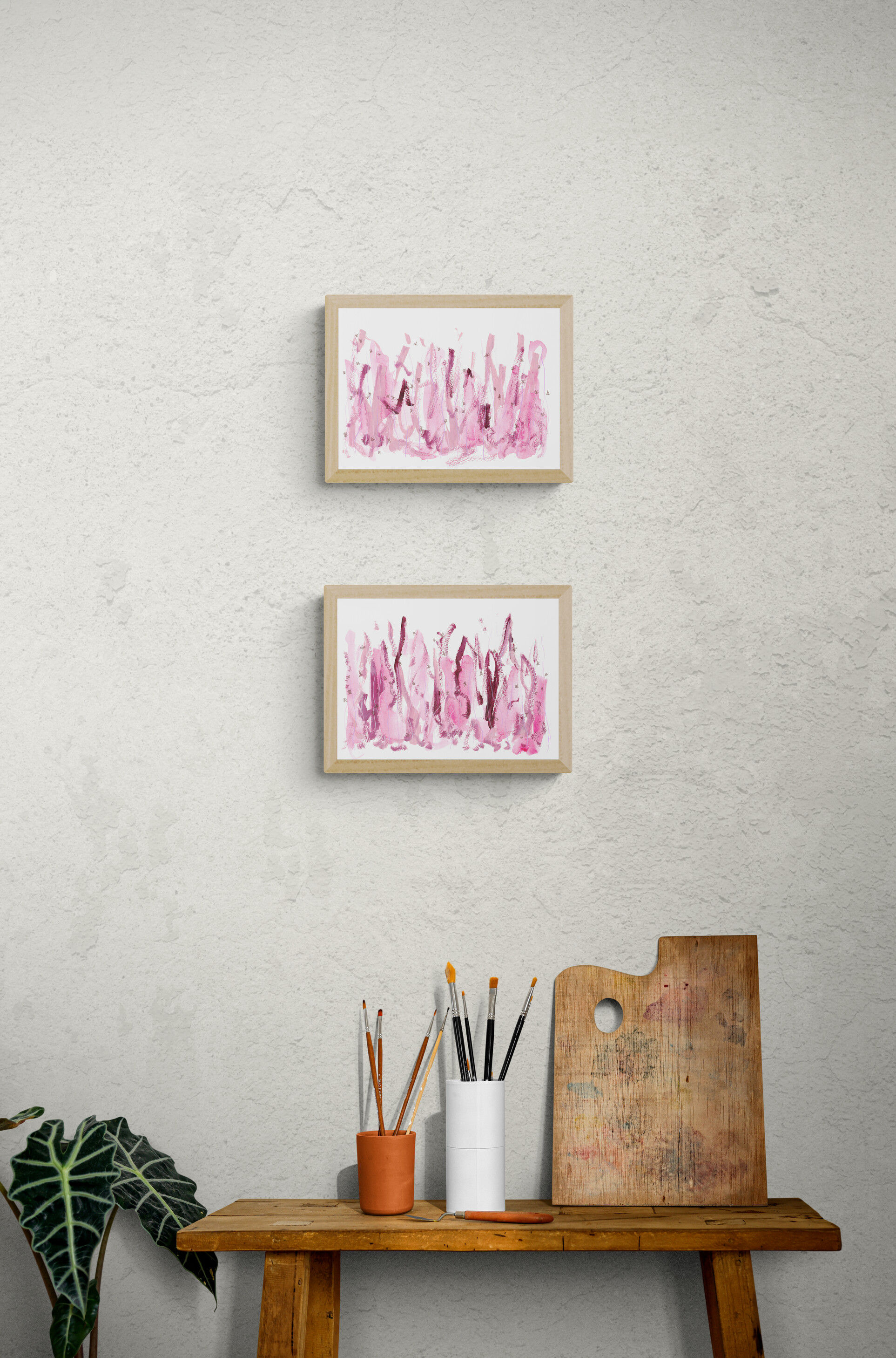 Diptych Artwork. Matching pair. Fragmented Florals. Loose pinks and burgundy like scattered memories
