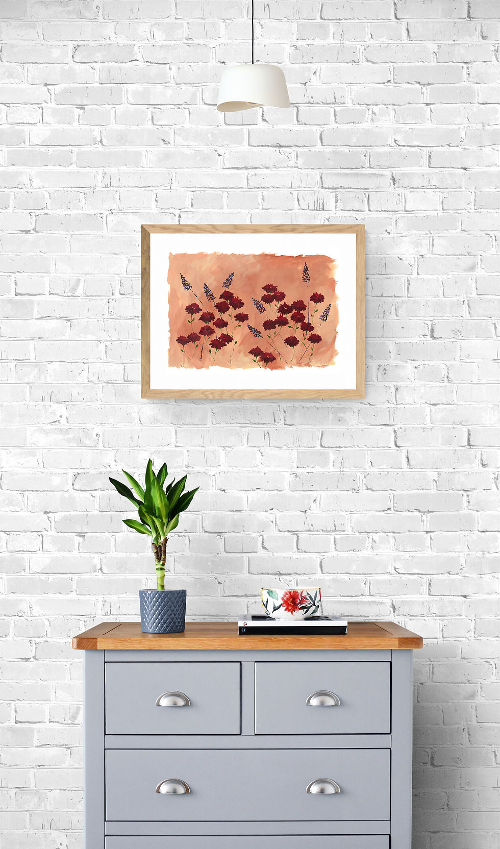 Thumbnail: Burgundy Daisies and Purple Lavender flowers on a pale orange background in hallway setup with table