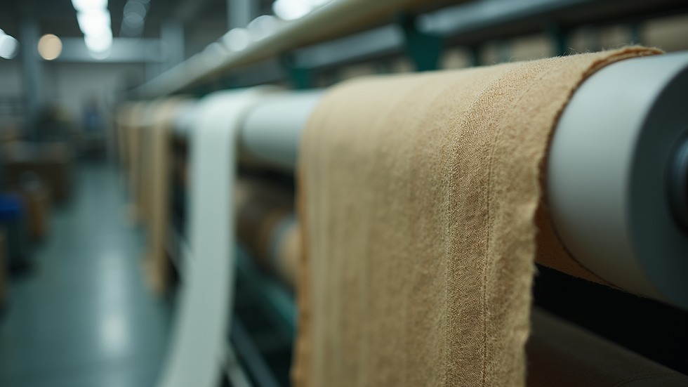 Close-up view of recycled fabric rolls in a textile factory