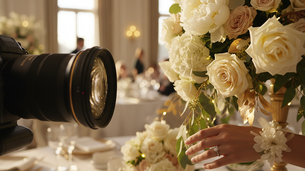 Close-up view of a sleek camera lens focused on a wedding floral arrangement