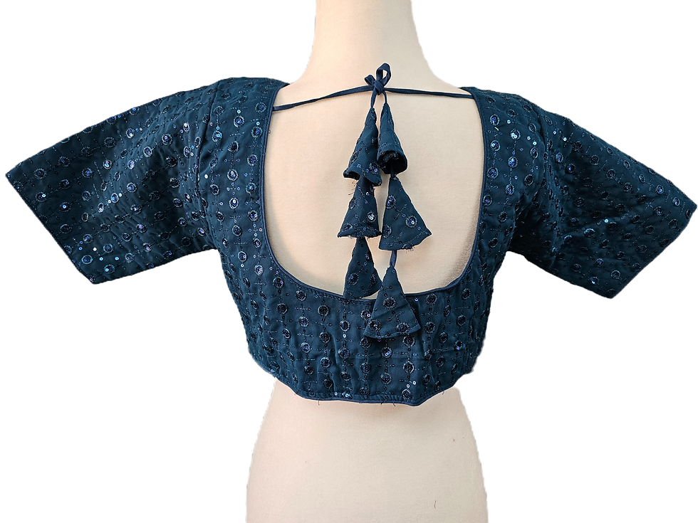 Thumbnail: Back of navy blue blouse with embroidered sequin throughout