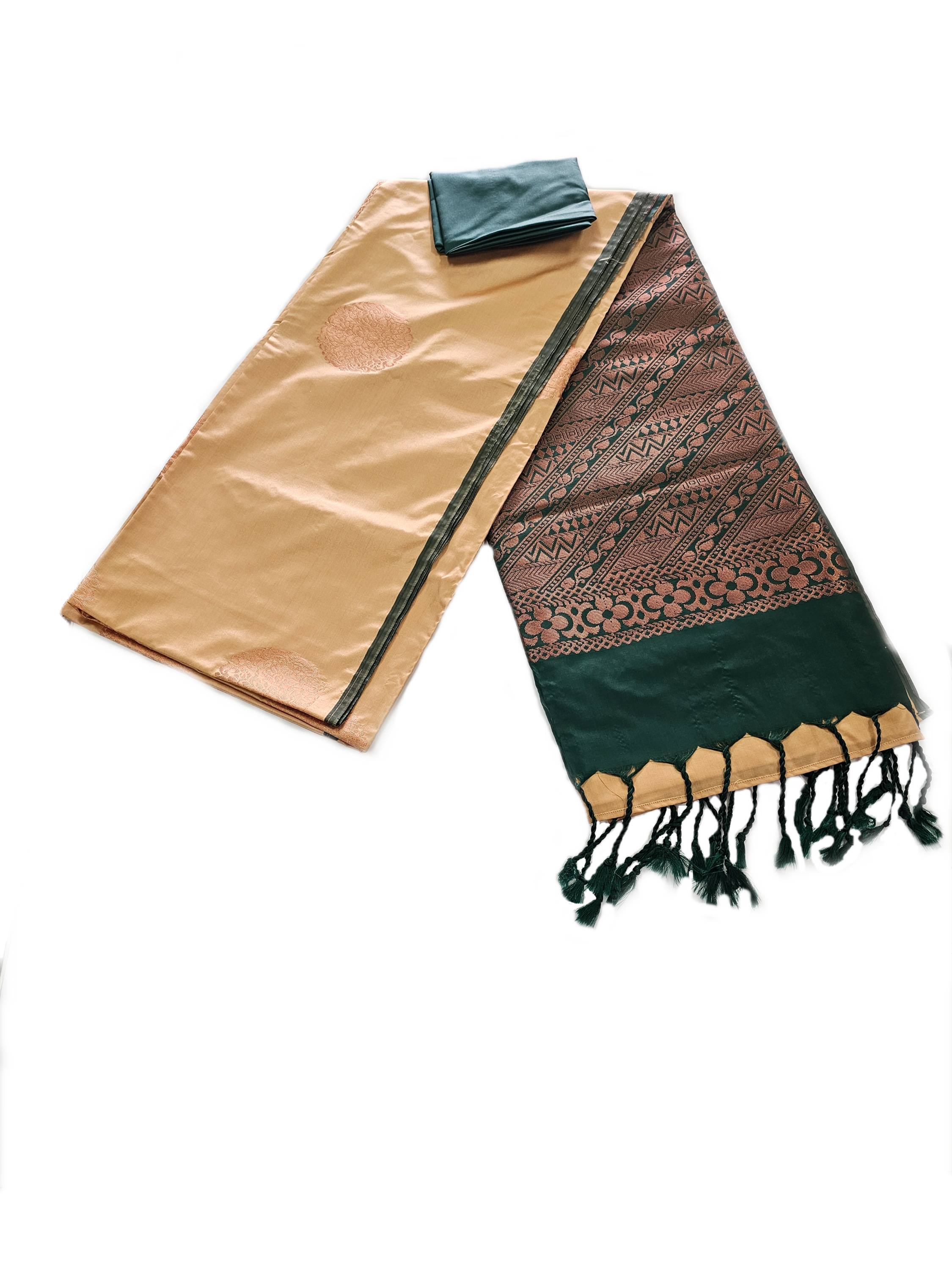 Close up of gold saree with dark green blouse piece