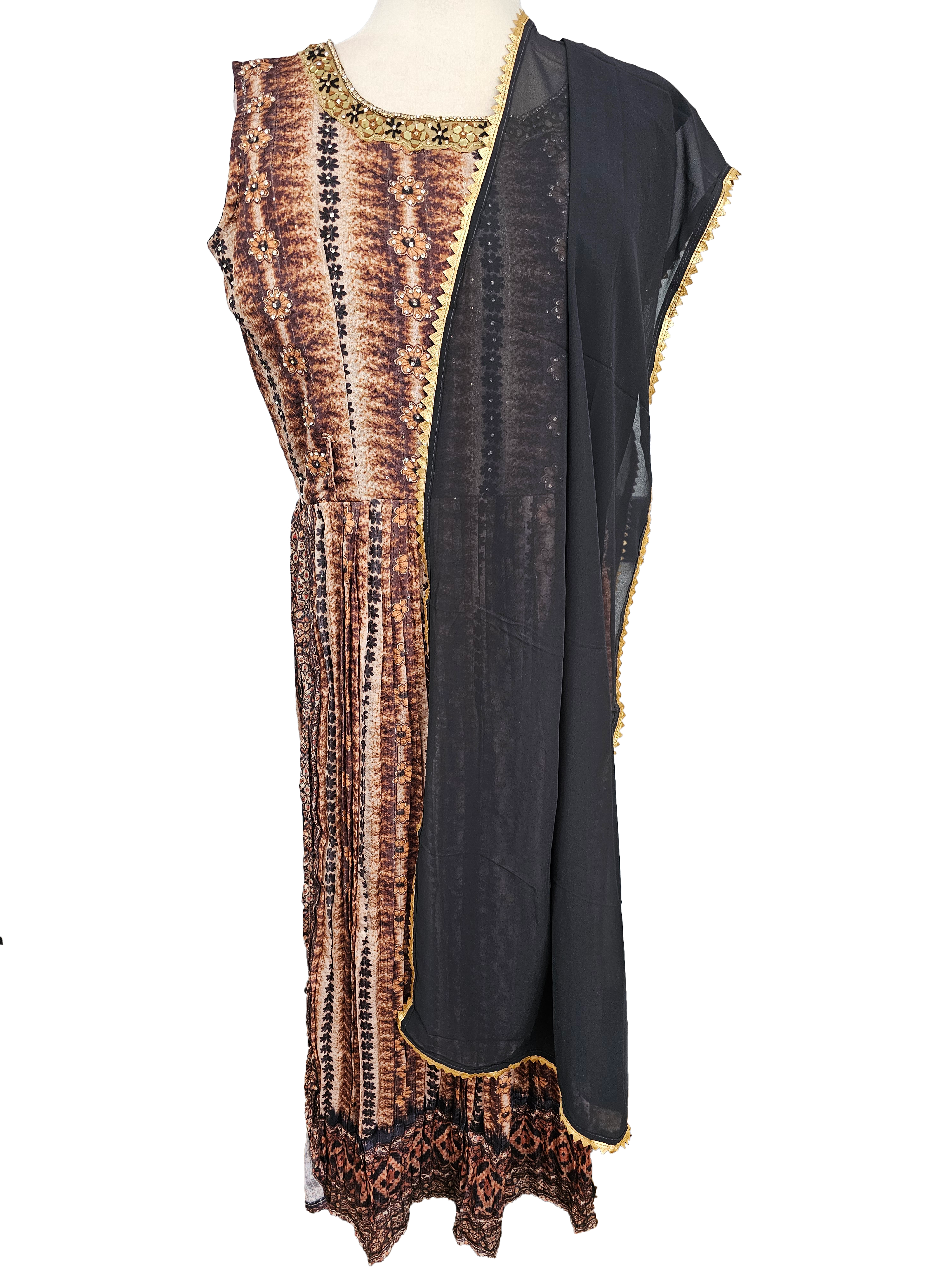 Beige Stripes & Blossoms: Digital Print Kurti with Palazzo & Rich Dupatta