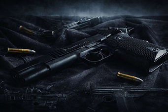 Cool-toned tactical firearms background featuring pistol, rifle and cartridges