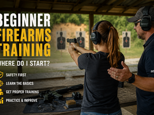 Beginner firearms training with a certified instructor teaching safe handgun handling at an outdoor shooting range.