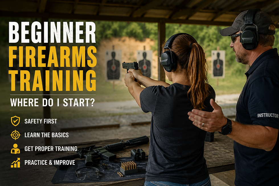 Beginner firearms training with a certified instructor teaching safe handgun handling at an outdoor shooting range.