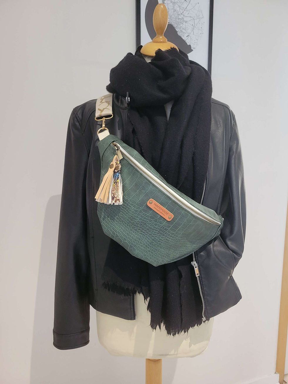 Miniature : Sac banane bandoulière crossbody en cuir vert croco