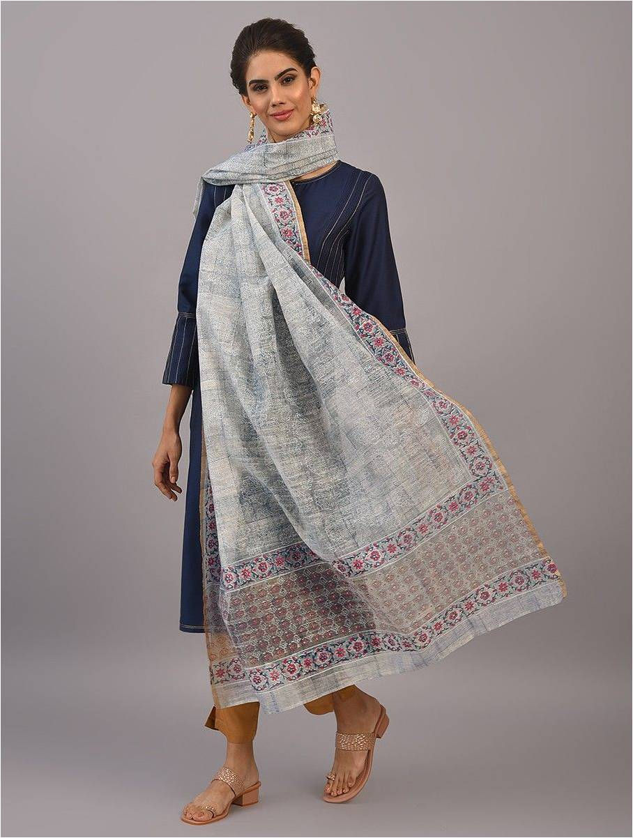 "FameRoots Ivory Blue Texture Block-printed Chanderi Duppata with Zari"