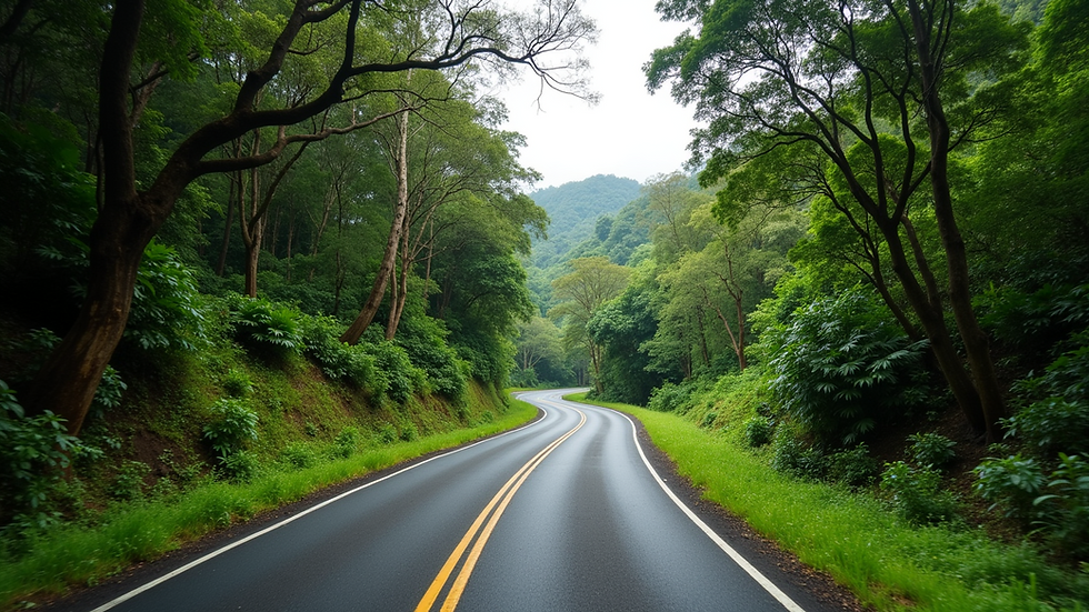Eye-level view of a winding road through lush Costa Rican jungle