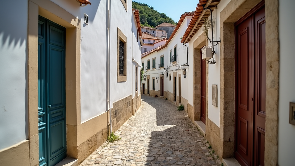 High angle view of a narrow cobbled street in a small Portuguese village