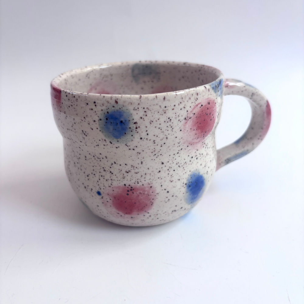Stoneware Coffee Mug - Speckled with Polka Dots in Red and Blue 10oz #001