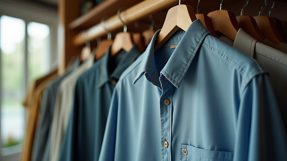 Eye-level view of a high-quality fishing shirt hanging on a wooden rack
