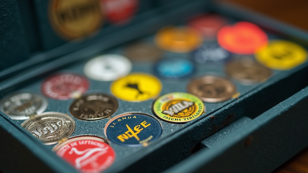 Close-up view of fishing tackle box with colorful logo stickers