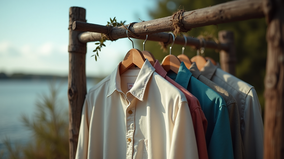 Eye-level view of a fishing shirt hanging on a wooden rack outdoors