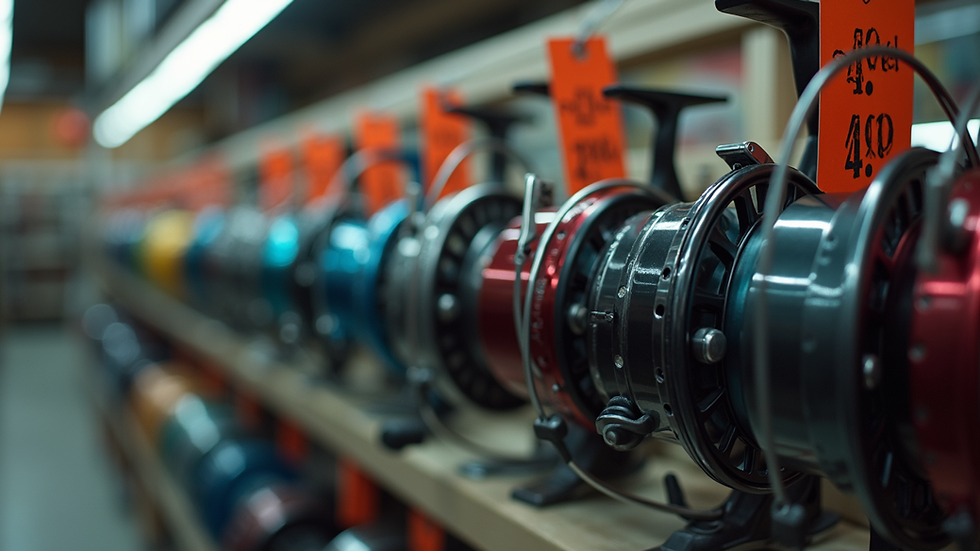 Close-up view of fishing reels on sale with price tags