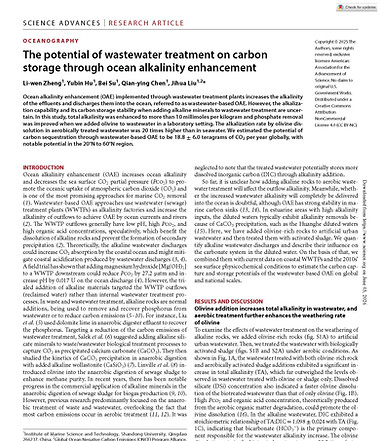 COVER -- The potential of wastewater treatment on carbon storage through ocean alkalinity 