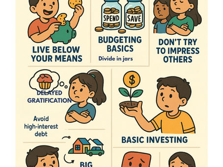 Illustration teaching kids about money: saving, budgeting with jars, investing, avoiding debt, and making wise decisions. Kids and objects depicted.