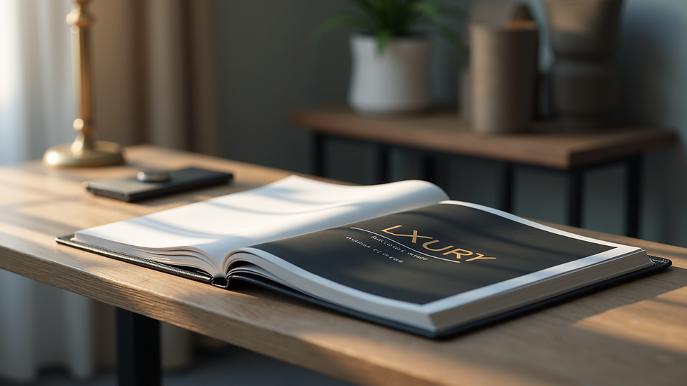 Close-up view of a luxury marketing portfolio on a sleek desk