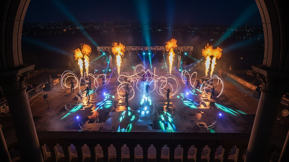 Vue en plongée d'un spectacle nocturne avec flammes et éclairages colorés
