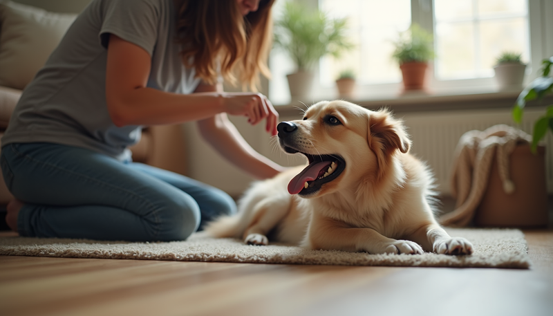 Lady with golden retriever lying on a rug getting pet care.