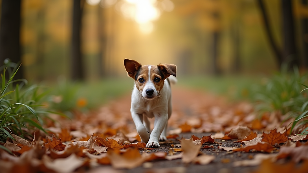 Eye-level view of a dog walking on a leafy trail