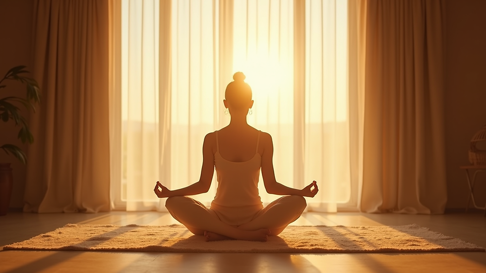 Vista a nivel de ojos de una mujer meditando en su sala iluminada por la mañana