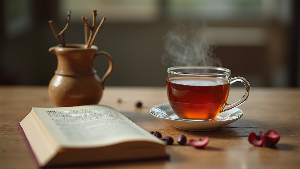 Plano cercano de una taza de té y un cuaderno abierto con una pluma sobre una mesa de madera