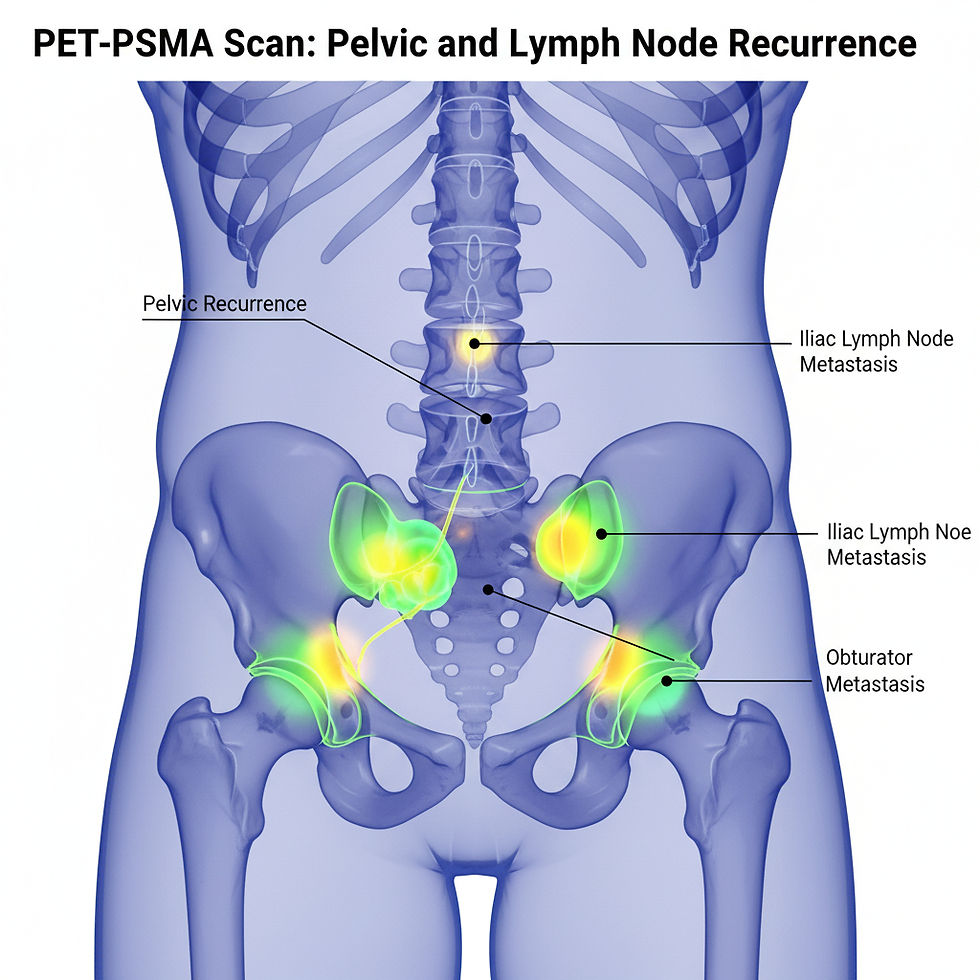 Imagem PET-PSMA com captação na pelve indicando recidiva.