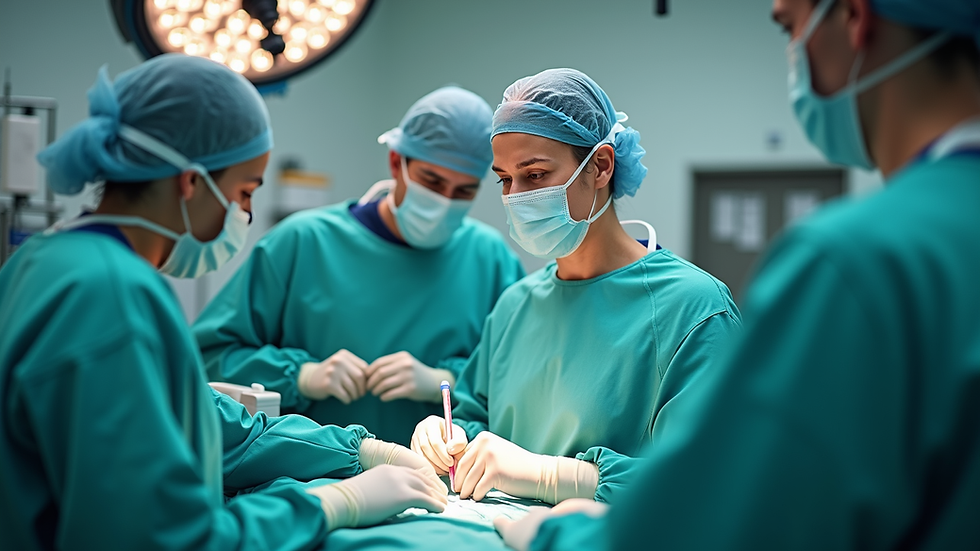 Eye-level view of surgical team operating robotic system in hospital