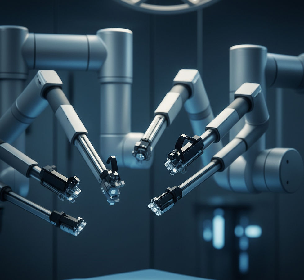 Detalhe do console de cirurgia robótica com braços metálicos e iluminação azul, representando tecnologia de ponta em urologia oncológica.