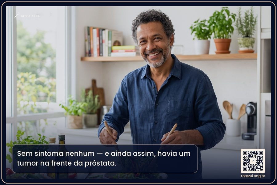 Homem maduro, saudável e sem sintomas, na cozinha de casa