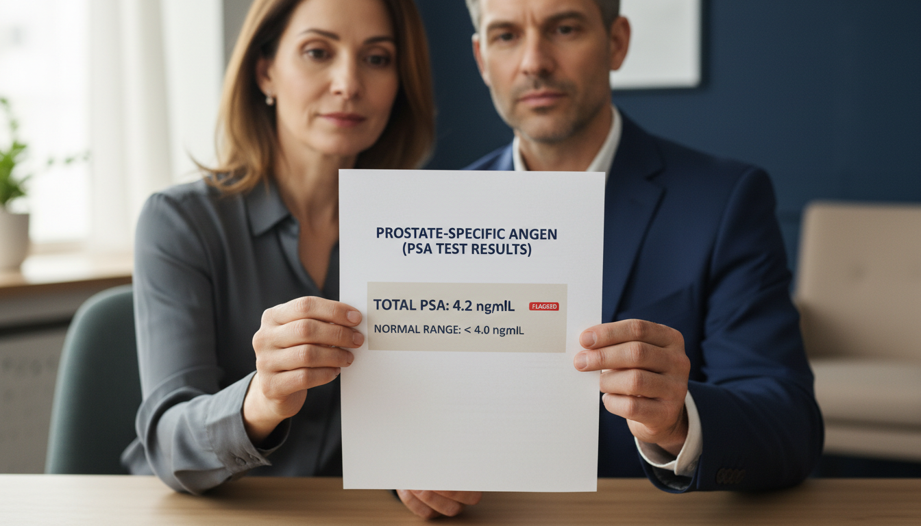 Eye-level view of a medical report showing PSA test results