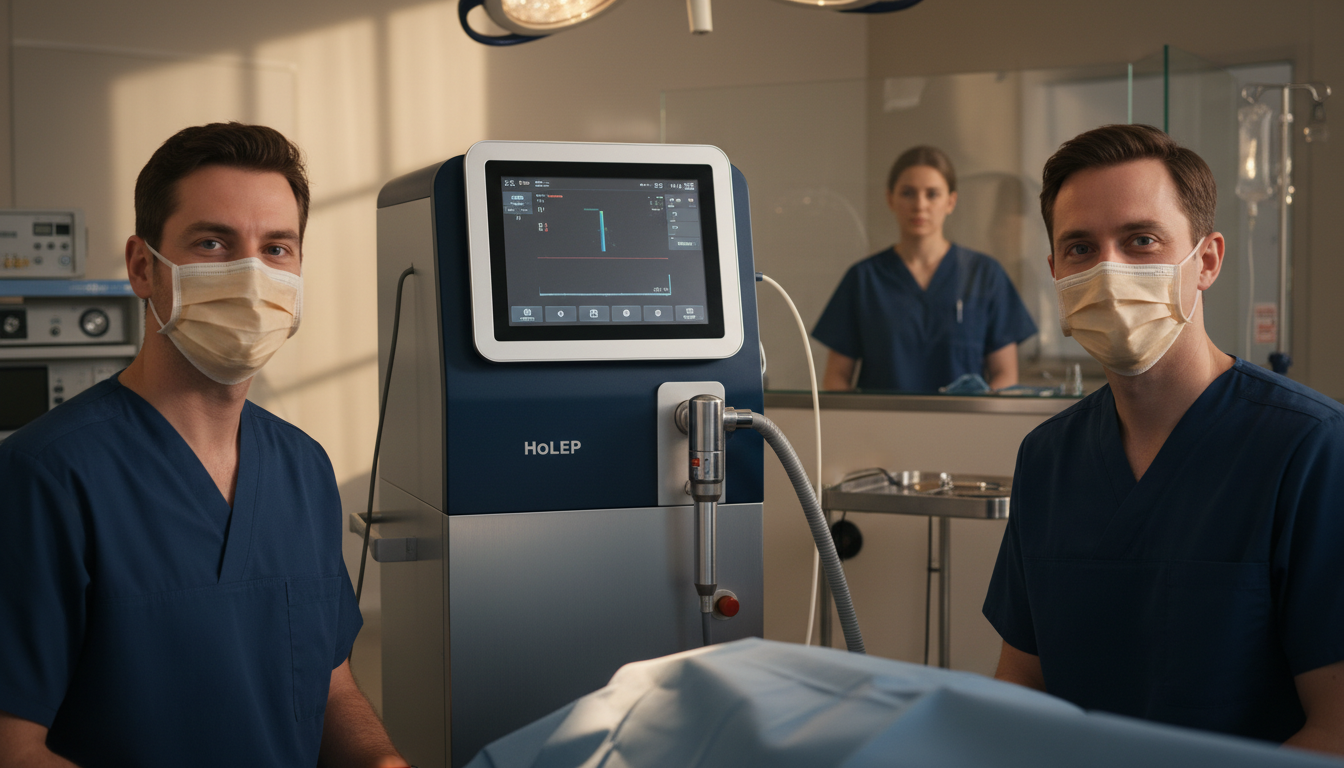 Eye-level view of surgical laser equipment used in HoLEP procedure