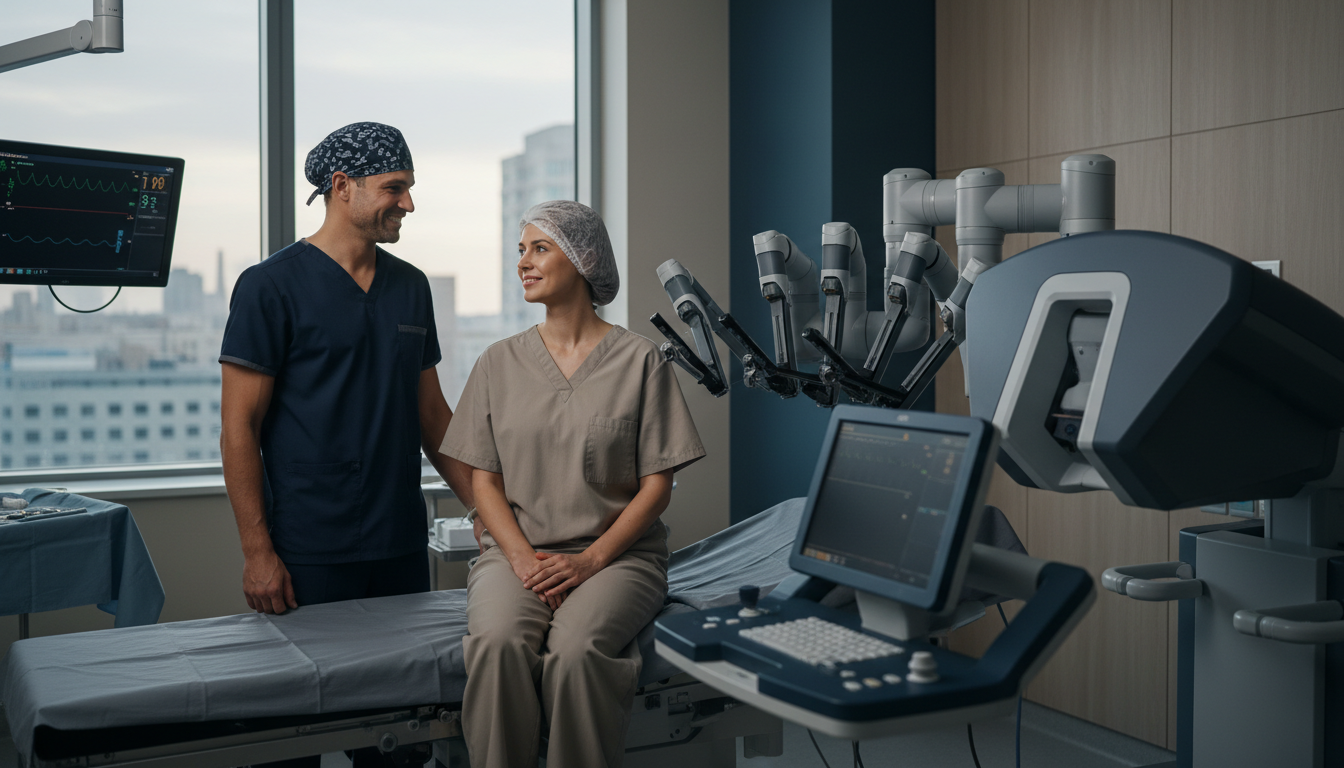 Eye-level view of a modern hospital room prepared for robotic prostate surgery