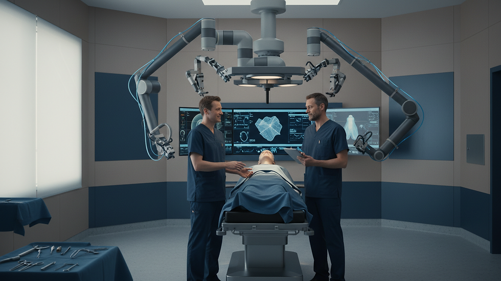 Eye-level view of a hospital room with advanced robotic surgery equipment