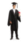 Full length portrait of a male graduate student in a black gown holding a diploma isolated