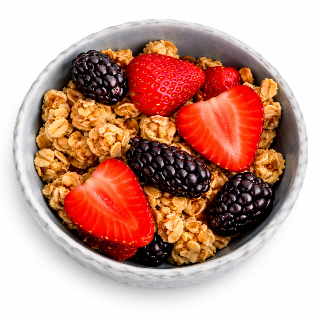 Organic maple pecan granola with toasted pecans and maple-sweetened oat clusters, small-batch baked