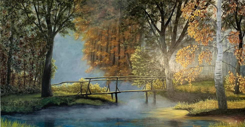 a painting of a lake with a wooden bridge
