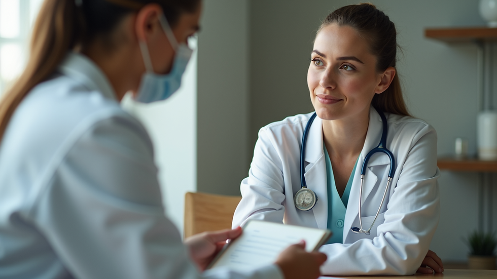 Eye-level view de consulta nutricional com profissional e paciente em ambiente acolhedor