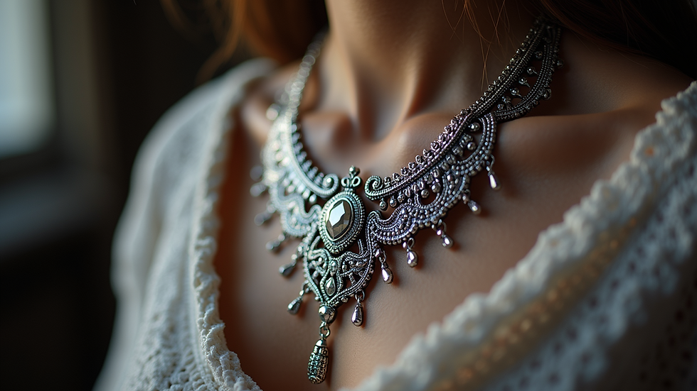 Close-up view of a handcrafted silver necklace with intricate designs