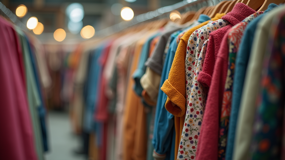 Eye-level view of a colorful upcycled clothing display at a craft fair