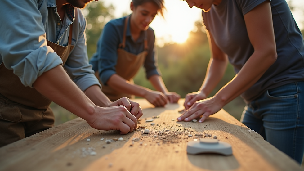 Eye-level view of a group of people crafting together outdoors