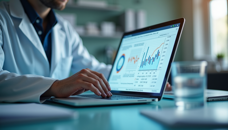 Close-up view of a pharmaceutical technician reviewing validation reports on a laptop